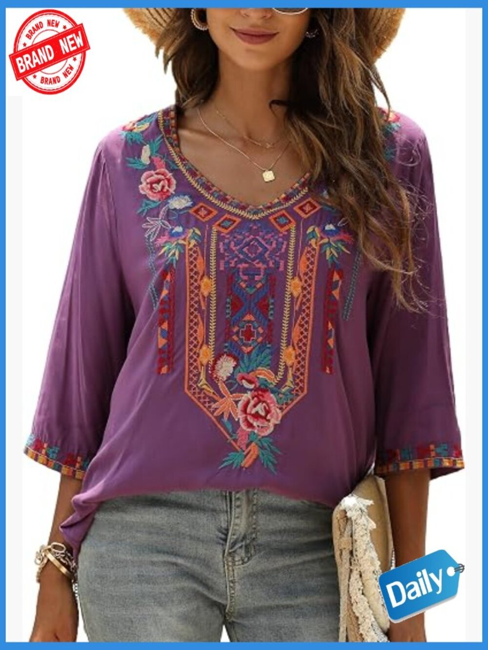 Boho Embroidered Tunic Shirt - Hippie Peasant Blouse